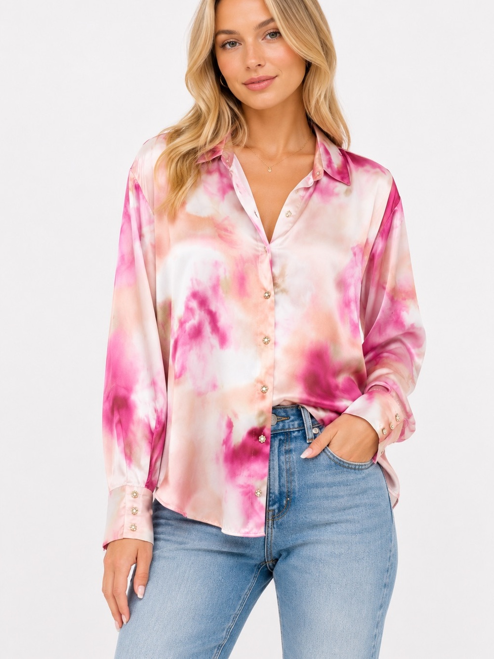 Zara Satin Effect tie-dye Blouse Size SMALL long sleeve SHADES OF PINK Spring